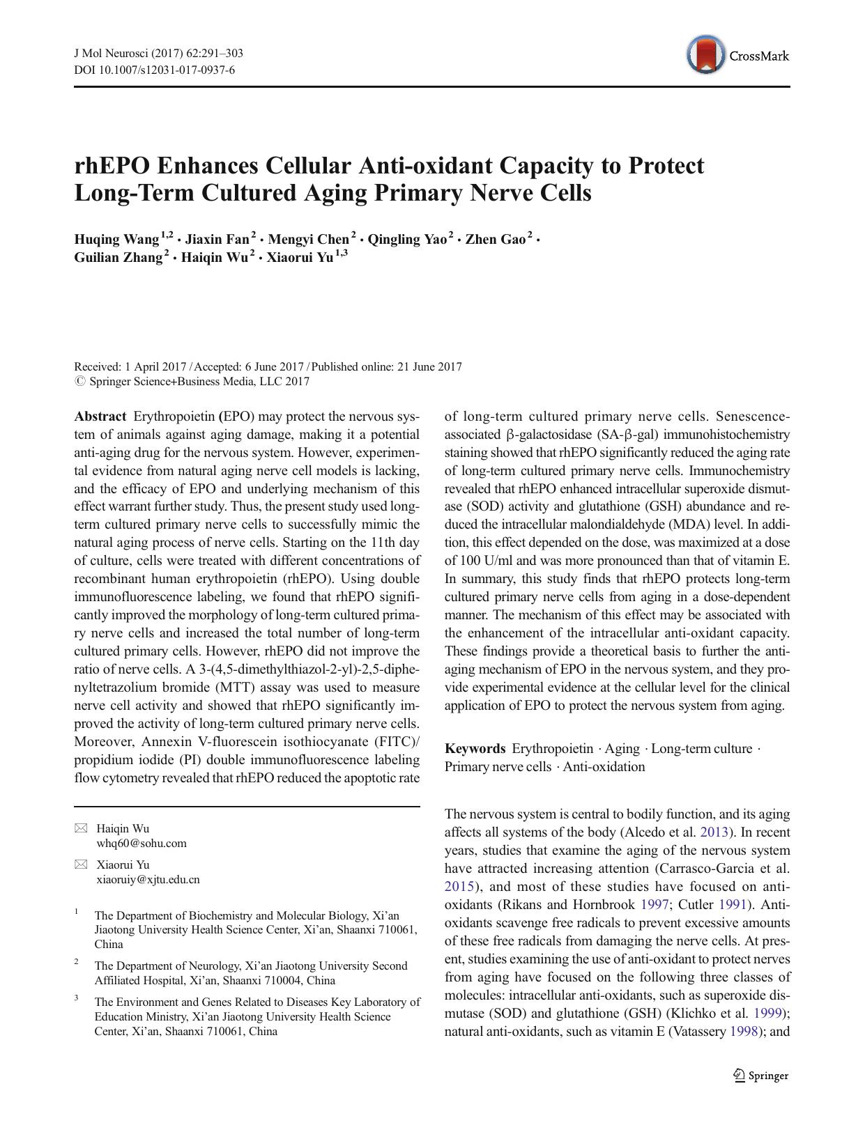rhEPO Enhances Cellular Anti-oxidant Capacity to Protect Long-Term Cultured Aging Primary Nerve Cells by unknow