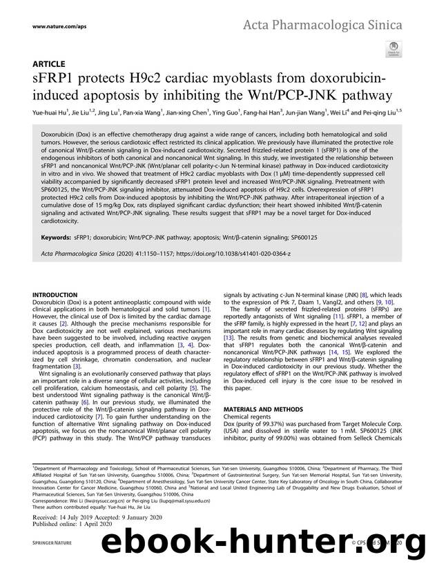 sFRP1 protects H9c2 cardiac myoblasts from doxorubicin-induced apoptosis by inhibiting the WntPCP-JNK pathway by unknow