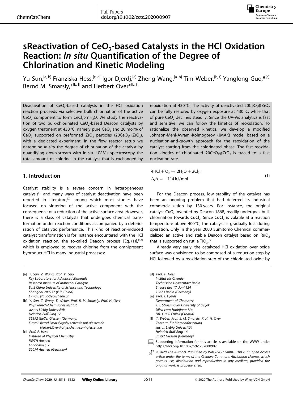 sReactivation of CeO2âbased Catalysts in the HCl Oxidation Reaction: In situ Quantification of the Degree of Chlorination and Kinetic Modeling by Unknown