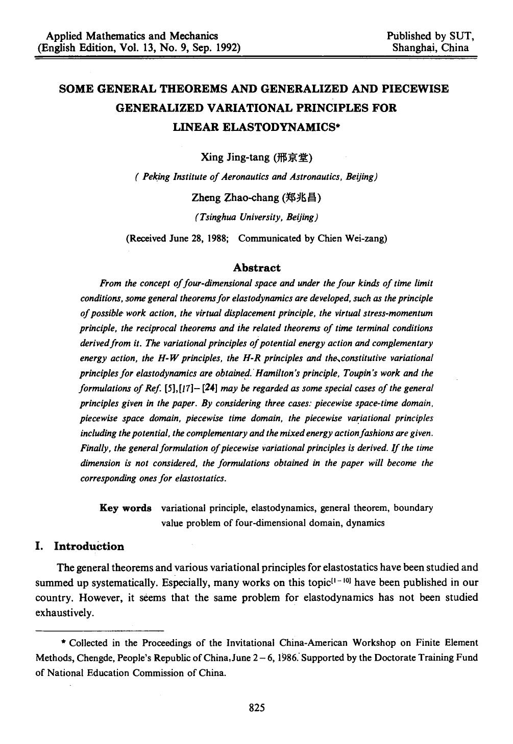some general theorems and generalized and piecewise generalized variational principles for linear elastodynamics by Unknown