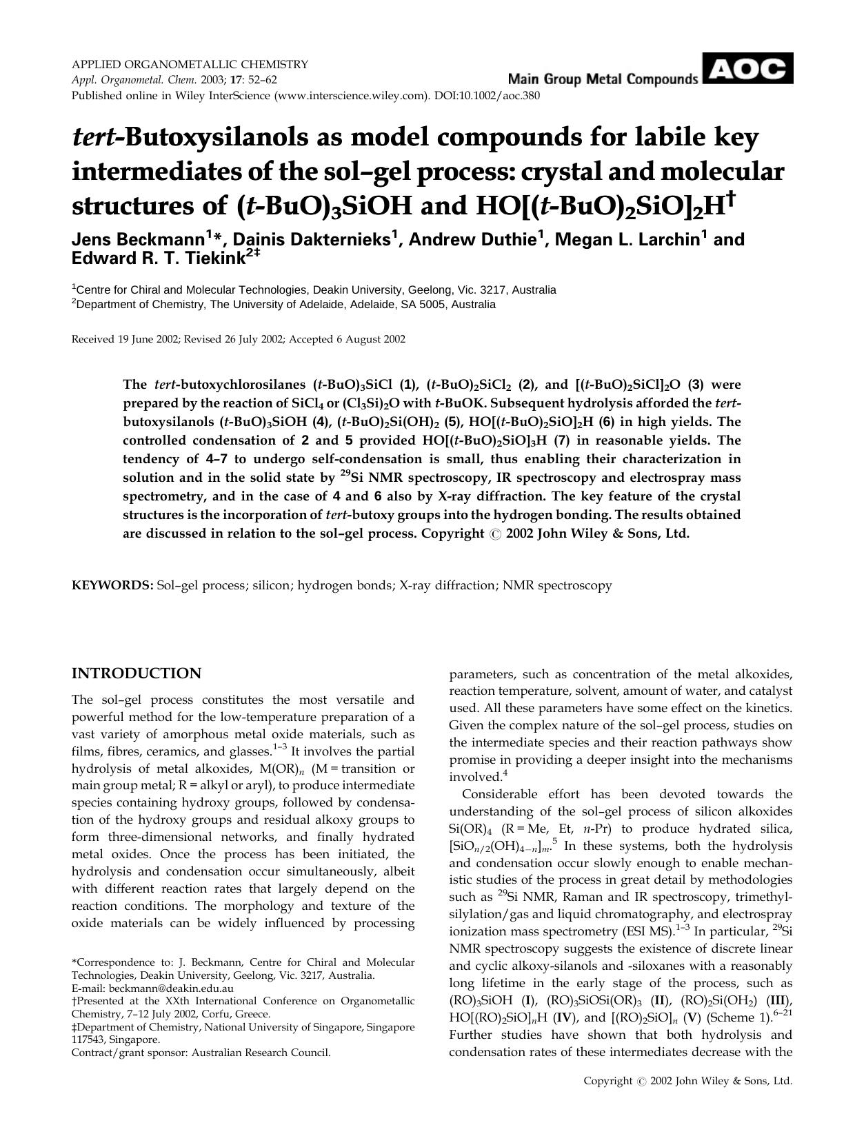 tert-Butoxysilanols as model compounds for labile key intermediates of the sol-gel process: crystal and molecular structures of (t-BuO)3SiOH and HO[(t-BuO)2SiO]2H by Unknown