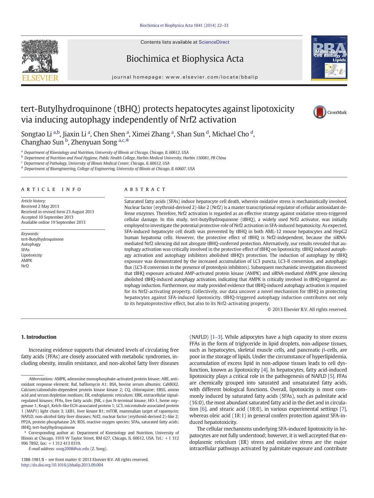 tert-Butylhydroquinone (tBHQ) protects hepatocytes against lipotoxicity via inducing autophagy independently of Nrf2 activation by unknow