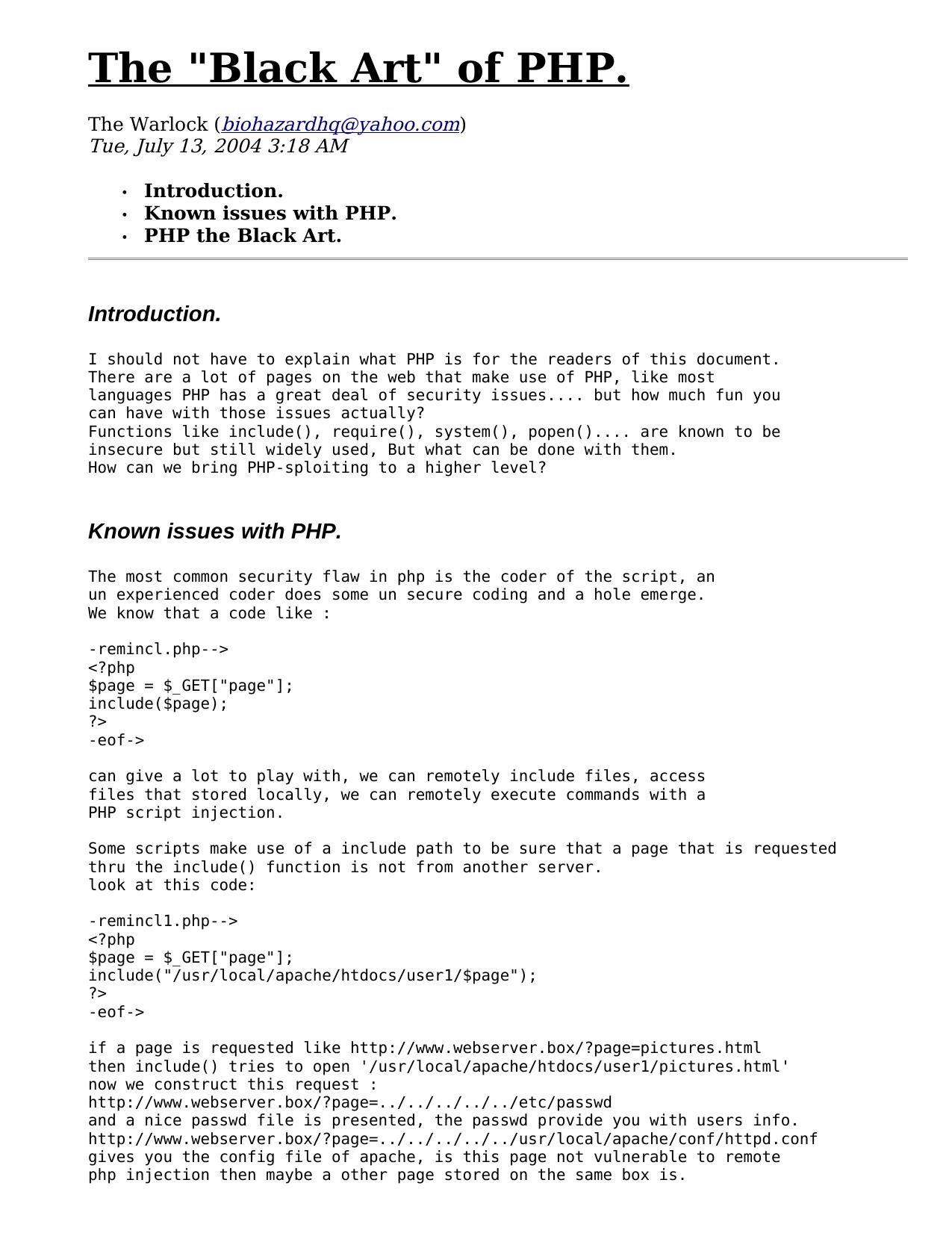 the "Black Art" of PHP by The Warlock. by The Warlock