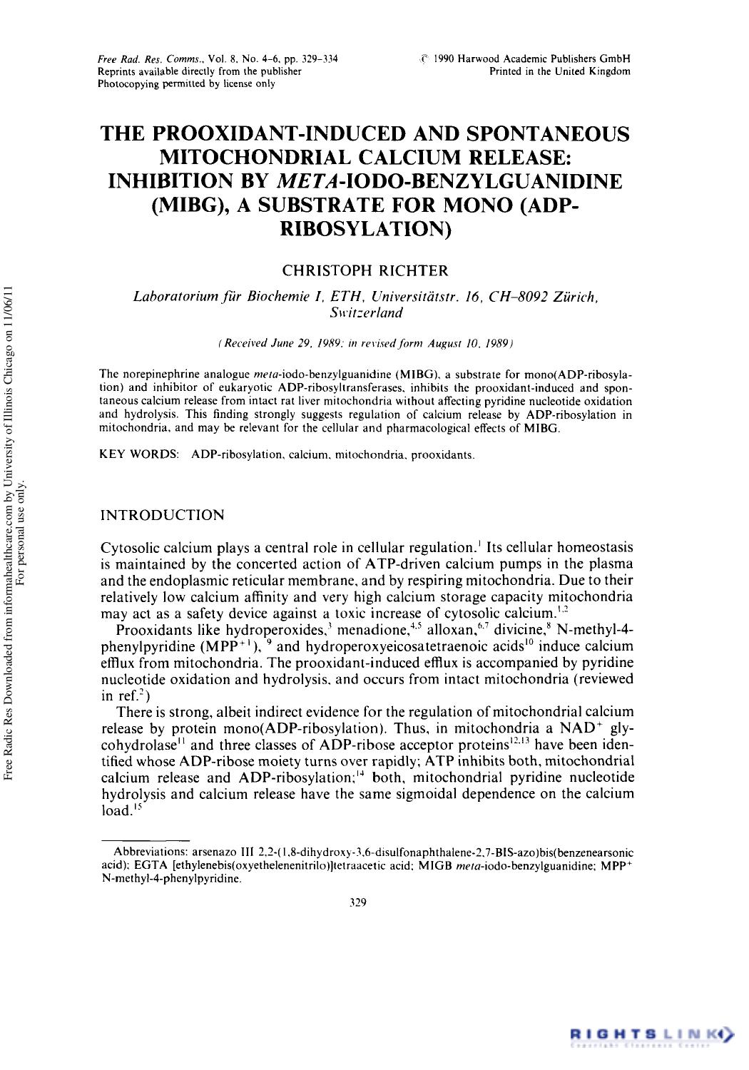the frooxidant-induced and spontaneous mitochondrial calcium release: Inhibition by meta-iodo-benzylguanidine (mibg), a substrate for mono (adpribosylation) by Christoph Richter