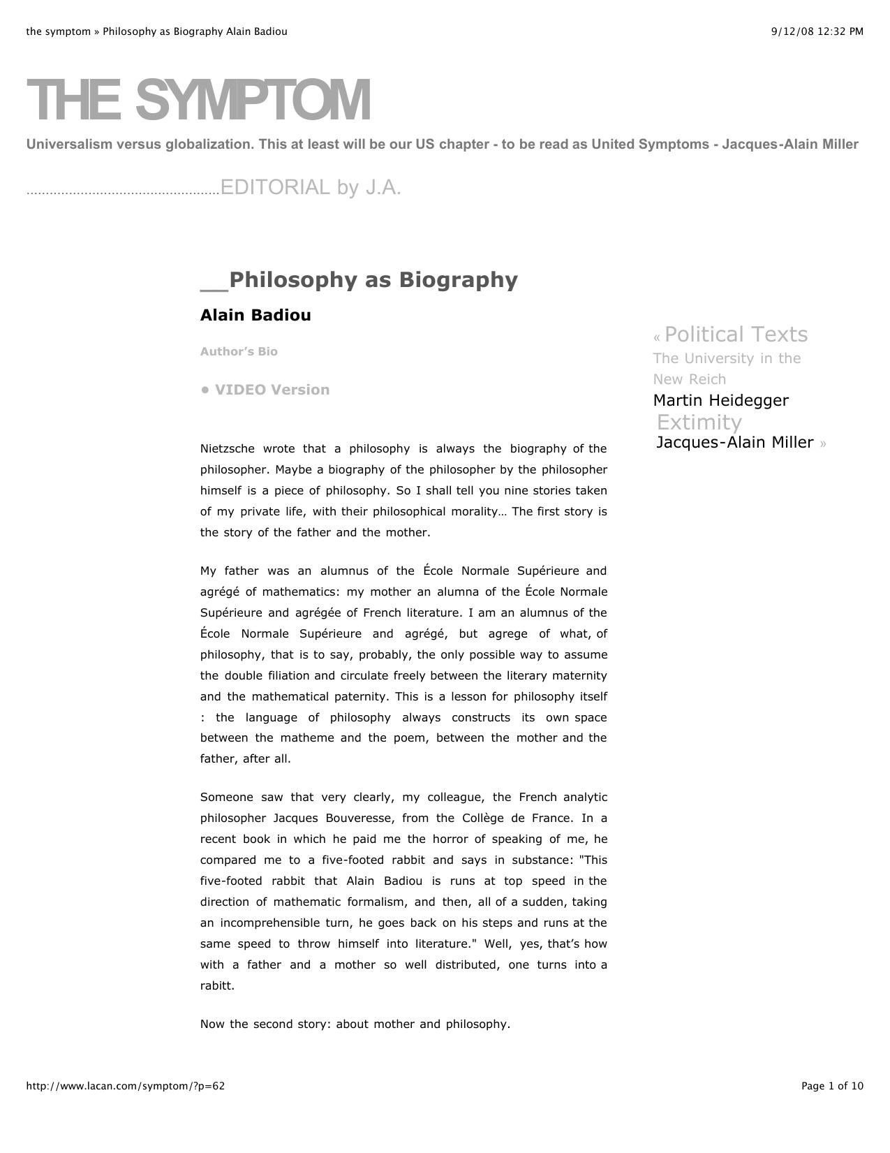 the symptom Â» Philosophy as Biography Alain Badiou by Josefina Ayerza