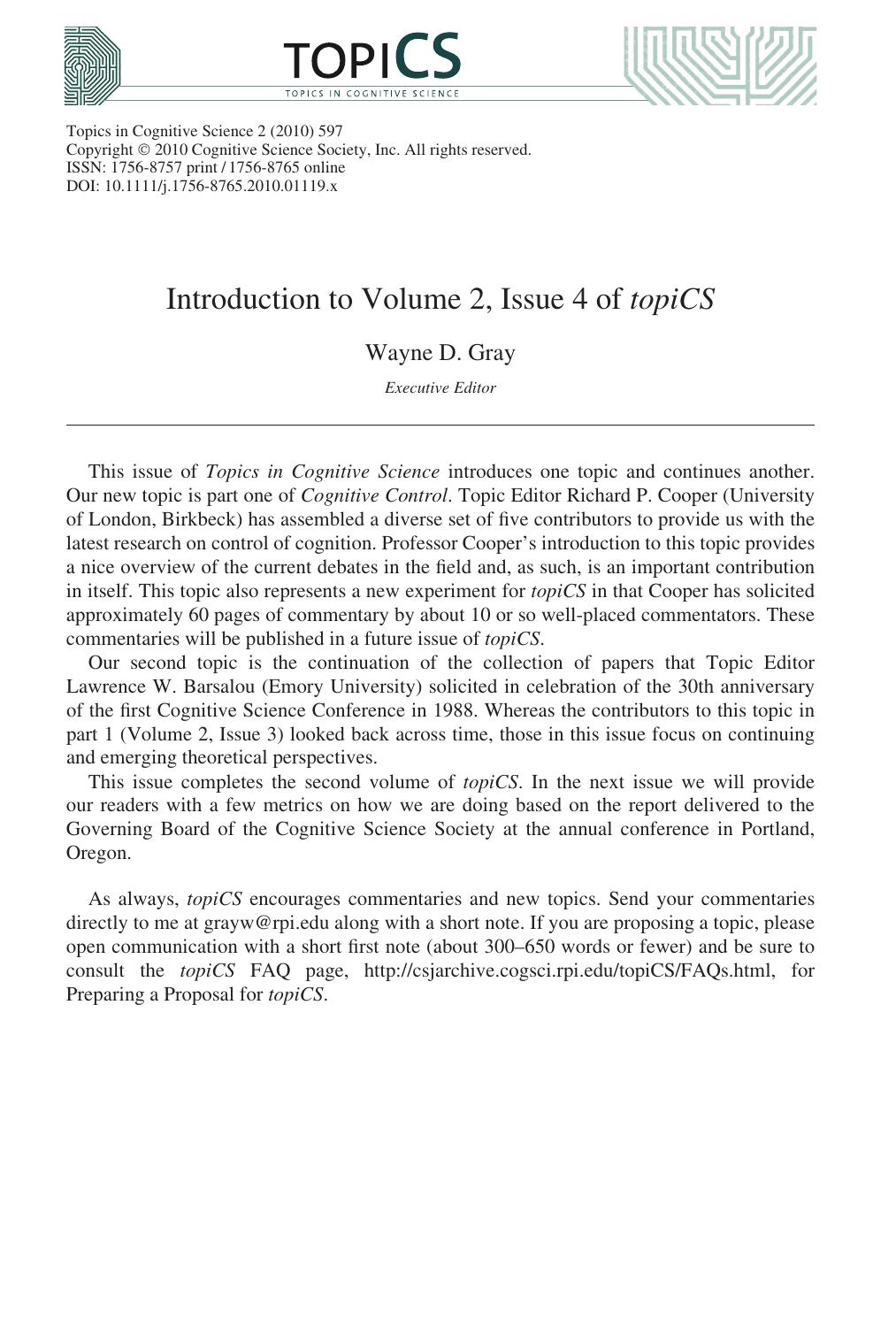 topicCS - Topics in Cognitive Science, Volume 2, Issue 4 by Wayne D. Gray (Ed.)