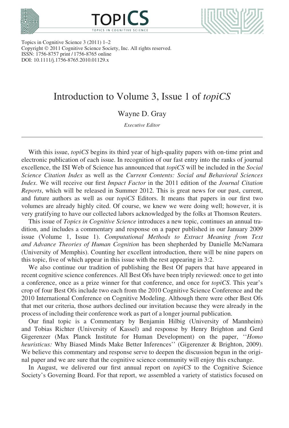 topicCS - Topics in Cognitive Science, Volume 3, Issue 1 by Wayne D. Gray (Ed.)