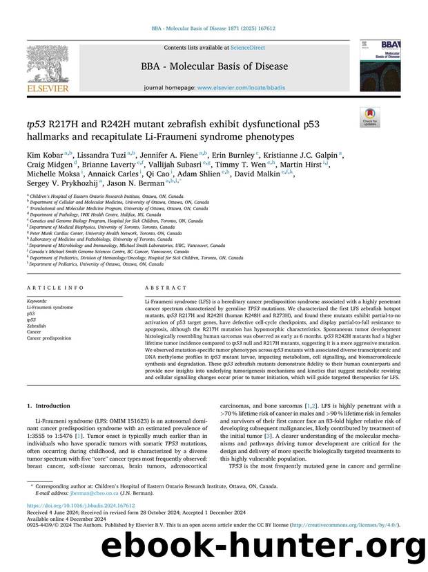 tp53 R217H and R242H mutant zebrafish exhibit dysfunctional p53 hallmarks and recapitulate Li-Fraumeni syndrome phenotypes by unknow