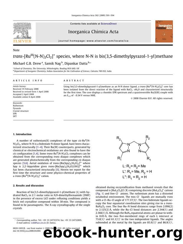 trans-[RuIII(N-N)2Cl2]+ species, where N-N is bis(3,5-dimethylpyrazol-1-yl)methane by Michael G.B. Drew; Samik Nag; Dipankar Datta
