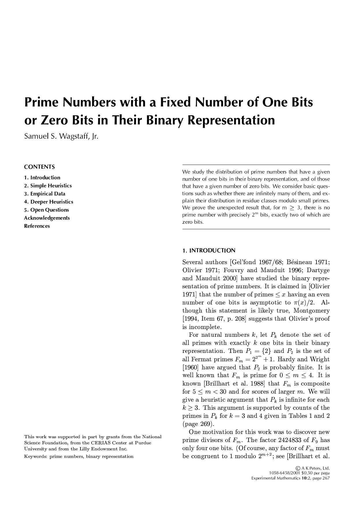 umbers with a Fixed Number of One Bits or Zero Bits in Their Binary Representation by Unknown