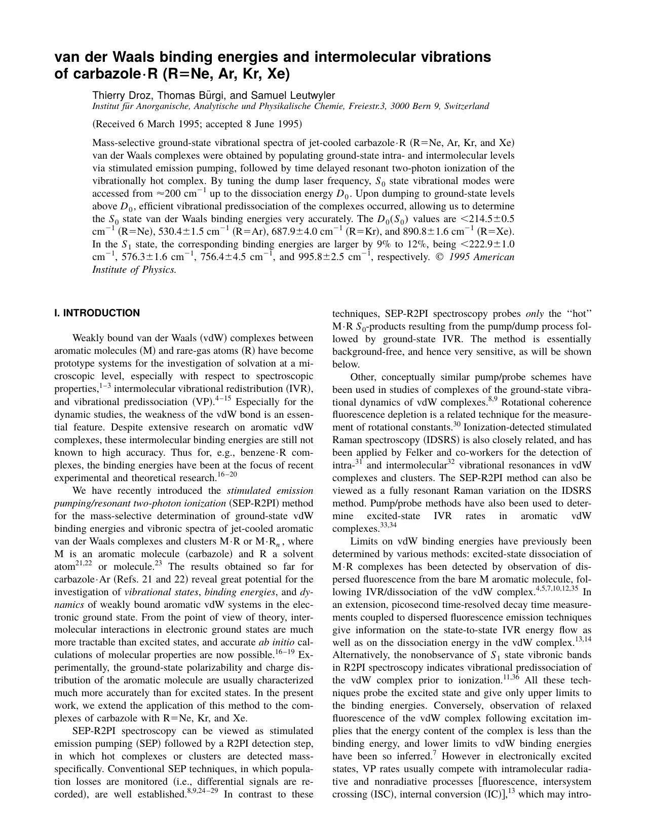van der Waals binding energies and intermolecular vibrations of carbazole n R [R=Ne, Ar, Kr, Xe] by Thierry Droz & Thomas Burgi & and Samuel Leutwyler